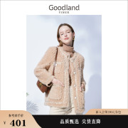 goodland美地女装冬季时尚，v领口袋，拼接保暖短款羊剪毛呢外套