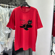 红色卡通猫咪短袖t恤女夏季设计感小众宽松百搭休闲显瘦上衣