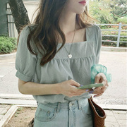 夏季女装韩版批发清新洋气宽松套头，衬衣学生短袖方领格子衬衫