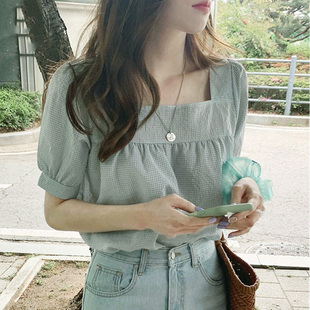 夏季女装韩版批发清新洋气宽松套头衬衣学生，短袖方领格子衬衫