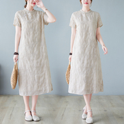2023夏款减龄气质棉麻重工刺绣旗袍裙女中长款中式改良高端连衣裙