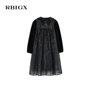 rbigx瑞比克童装秋季丝绒，珠片绣花网纱，拼接设计感连衣裙