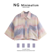 ngminimalism2022小众设计感女装，宽松渐变扎染纹，理短款中袖衬衫