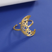 欧美风印花开口戒指女式可调节不锈钢新月凯尔特人结戒指复古饰品