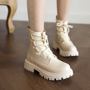 白色马丁靴女秋春单靴2022年女靴子，冬季加绒系带粗跟短靴