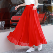 雪纺裙子女夏季红色，半身裙小个子半裙仙女，广场舞下半身长裙舞蹈裙