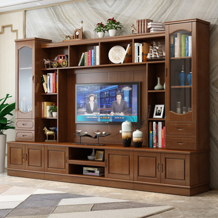 实木电视柜组合墙柜现代中式多功能，客厅影视柜储物，酒柜电视背景柜