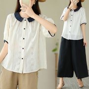 棉麻衬衫女夏季韩版大码遮肉设计感拼色娃娃领镂空短袖上衣潮