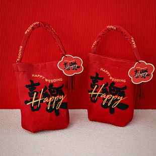 喜糖盒结婚专用喜糖袋，2023丝绒手提式免折叠回礼小袋红色