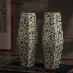 清代粉彩瓜瓞绵绵六角瓶（一对）古玩古董瓷器收藏办公室花瓶摆件