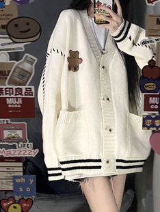 oversize！ins卡通小熊毛衣开衫女春装长袖慵懒宽松针织外套