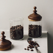 复古咖啡豆保存罐实木玻璃收纳罐糖果储物罐子黑胡桃木密封罐展示