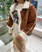 韩国 帅气机车高领皮带扣双排扣短款皮毛一体式外套翻毛皮夹克冬