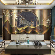 新中式竹木纤维集成板格栅山水，沙发背景墙扣板，养生会所茶室护墙板