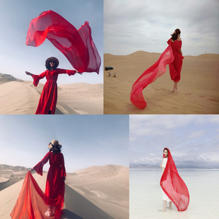 青海湖茶卡盐湖沙漠夏季大红色旅游棉麻，围巾女防晒披肩民族风丝巾