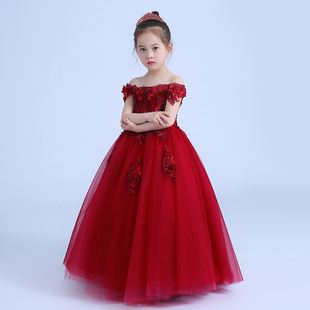 公主裙女童生日一字肩儿童钢琴演出服演奏小花童主持人礼服红色夏