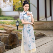 奥黛旗袍青花瓷长款春夏，2024年日常可穿裙子连衣裙，古风中国风