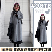 韩系中长款灰色大衣女秋冬季2023赫本风小个子毛呢外套高级感