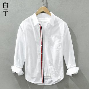 春季日系复古撞色条纹，纯棉牛津纺长袖衬衫，男休闲宽松衬衣外套白色