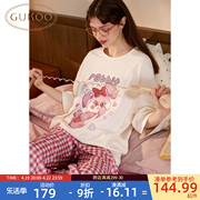 Gukoo/果壳睡衣女春秋款兔子印花可爱女士薄款家居服套装B