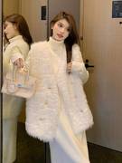 白色小香风羊羔毛马甲(毛马甲，)女冬季款宽松中长款加厚保暖毛绒绒(毛绒绒)马夹外套