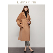 LadySElite/慕裁 驼色双面呢羊毛大衣夏拼接宽松保暖中长款外套女
