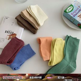 面包和猫咪好天气韩国小清新糖果色竖纹棉质秋冬百搭中筒堆堆袜