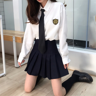 初高中学生少女毕业班服两件套日系学院风长袖，白衬衫+百褶裙套装