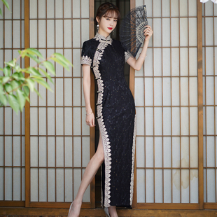 黑色改良蕾丝长旗袍2024年中国风，日常可穿短袖显瘦连衣裙优雅
