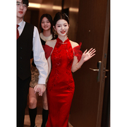 新中式旗袍敬酒服2024新娘红色连衣裙出阁宴挂脖晨袍订婚礼服