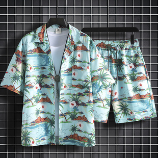 古巴领短袖花衬衫男海南三亚夏威夷泰国海边度假旅游情侣沙滩套装