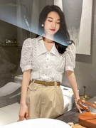 白色镂空蕾丝上衣女夏短袖(夏短袖，)泡泡袖法式设计感小众收腰气质雪纺衫
