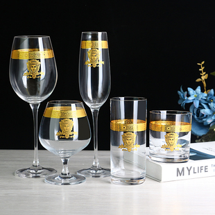 金色logo水晶玻璃水杯，高脚杯葡萄酒杯红酒杯，波西米亚金边酒杯