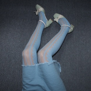 lolita丝袜蕾丝大码高个竖条复古花纹带图案提花连裤袜女性感日系