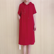 A030 柳绿桃红 连帽短袖气质女神中长款连衣裙