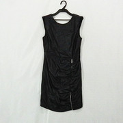 外贸原单女装时尚圆领洋气无袖黑色PU皮裙韩版收腰褶皱气质连衣裙