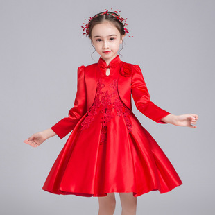 女儿童礼服春秋款大红色中大童装，连衣裙长袖童，公主裙2件套装韩版