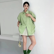 韩系简约设计感小众宽松休闲抽绳花苞袖薄荷绿衬衫，女短袖时髦上衣