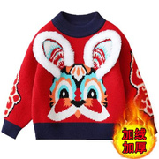 男女童秋冬毛衣加绒加厚保暖衣水貂绒大红色卡通兔圣诞新年亲子装