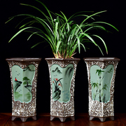 2021中国风复古手绘兰花专用花盆陶瓷六角高款紫砂大号中式盆