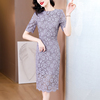 收腰名媛优雅镂空蕾丝连衣裙，女2023夏装紫色，泡泡袖中长裙子