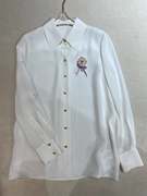 翻领长袖单排扣重工钉珠设计白色桑蚕丝衬衫女2024年春季
