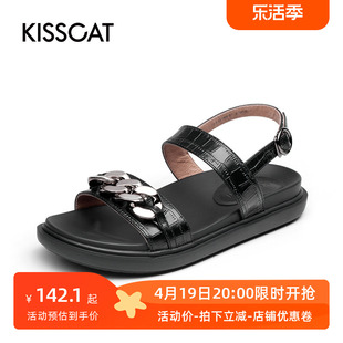 KISSCAT/接吻猫夏季牛皮圆头中跟粗链条石头纹时装凉鞋KA21340-51