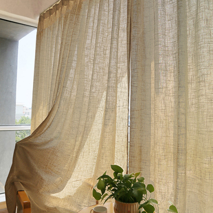 外贸成品亚麻布窗帘魔术贴卧室半遮光免打孔安装棉麻飘窗帘子