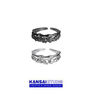 KANSAI双层锆石黑白男女情侣戒指小众个性欧美复古开口设计食指环