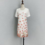 夏季网纱雪纺连衣裙大码装品牌撤柜货，粉红印花白色，直筒裙气质典雅
