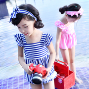 韩国文艺范儿童游泳衣女童可爱公主复古海军条纹风分体裙蕾丝泳装