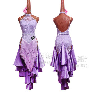 黎丽雅(黎丽雅)拉丁舞服比赛服表演服女紫色蕾丝高开叉(高开叉)无袖露背流苏舞裙