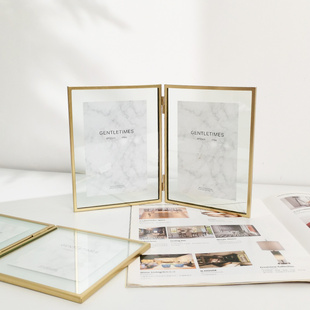 北欧简约双页折叠金属相框摆台桌面，玻璃画框组合6寸照片框相册框