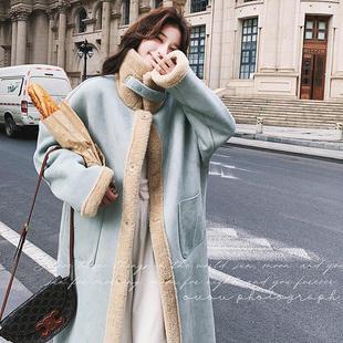 蓝色皮毛一体羊羔毛外套(毛外套，)女冬中长款2023韩版加厚毛绒大衣